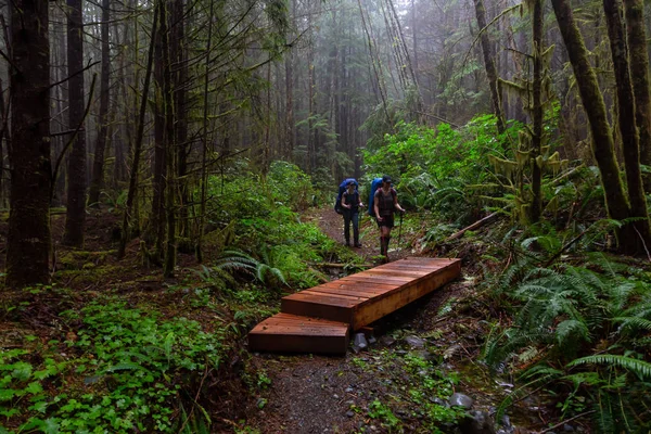 Adventurous Female Friends Hiking Juan Fuca Trail Woods Misty Rainy — Stock Photo, Image