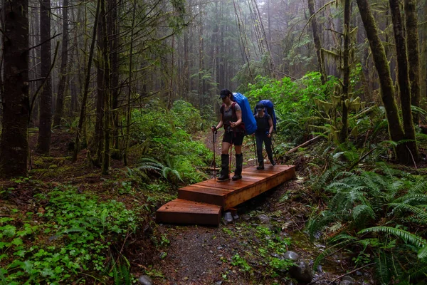 Adventurous Female Friends Hiking Juan Fuca Trail Woods Misty Rainy — Stock Photo, Image
