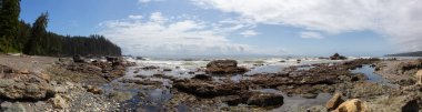Beautiful Panoramic View of a rocky coast on the Juan de Fuca Trail during a sunny and cloudy summer day. Taken at Sombrio Beach, near Port Renfrew, Vancouver Island, BC, Canada. clipart