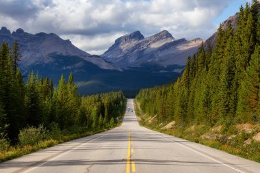Güneşli bir yaz gününde Kanada Kayalıkları 'nda manzaralı bir yol. Icefields Parkway, Banff Ulusal Parkı, Alberta, Kanada.