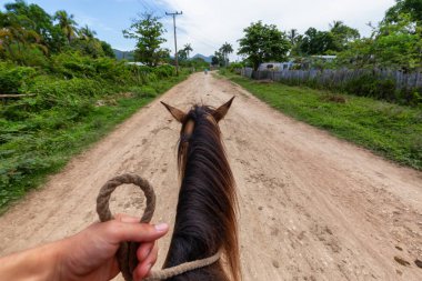 Canlı güneşli bir gün boyunca küçük bir Küba Kasabası yakınında kırsal tarafında kirli bir yolda Binicilik. Trinidad, Küba'da çekilmiş.