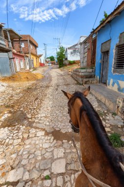 Canlı güneşli bir gün boyunca küçük bir Küba Kasabası sokaklarında bir at üstüne sürme. Trinidad, Küba'da çekilmiş.