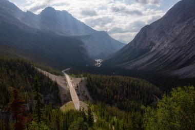 Güneşli yaz gününde Kanada Kayalıkları 'nda manzaralı bir yol manzarası. Buz Tarlalarında çekildi Pkwy, Jasper, Alberta, Kanada.