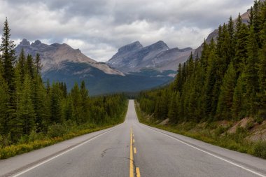 Canlı güneşli ve bulutlu bir yaz sabahı sırasında Kanada Rockies Manzara yol. Icefields Parkway, Banff Ulusal Parkı, Alberta, Kanada'da çekildi.