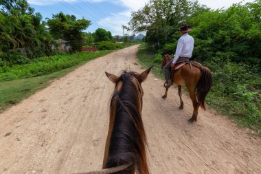 Trinidad, Küba - 12 Haziran 2019: Canlı güneşli bir günde küçük bir Küba Kasabası yakınlarında kırsal tarafta kirli bir patikada binicilik.