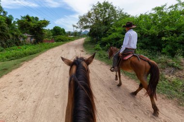 Trinidad, Küba - 12 Haziran 2019: Canlı güneşli bir günde küçük bir Küba Kasabası yakınlarında kırsal tarafta kirli bir patikada binicilik.
