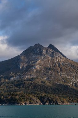 Okyanus kıyısındaki Amerikan Dağ Manzarası. Sonbahar sezonunun bulutlu ve renkli sabahında. Buzul Körfezi Ulusal Parkı ve Koruma Alanı, Alaska, Usa.