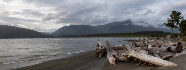 Bulutlu bir yaz gün batımı sırasında küçük bir kasabada bir plaj Güzel Panoramik Görünümü. Port Renfrew, Vancouver Adası, Bc, Kanada'da çekilmiş.
