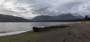 Bulutlu bir yaz gün batımı sırasında küçük bir kasabada bir plaj Güzel Panoramik Görünümü. Port Renfrew, Vancouver Adası, Bc, Kanada'da çekilmiş.