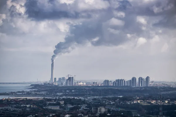 Aerial View Industrial Site Emitting Dark Cloud Smoke Air Taken — Stock Photo, Image
