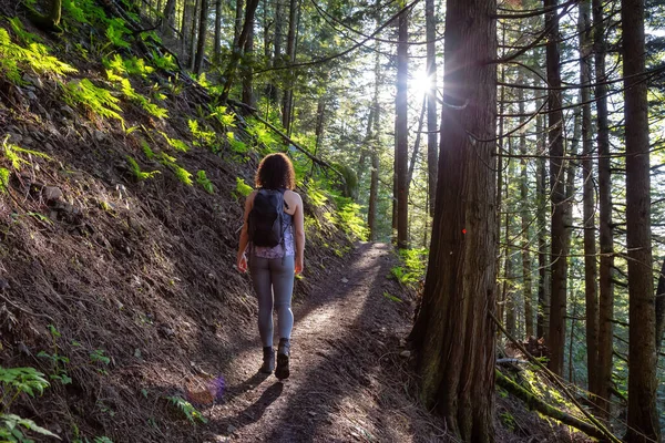 Chica aventurera caminando en un bosque lluvioso verde y vibrante — Foto de Stock