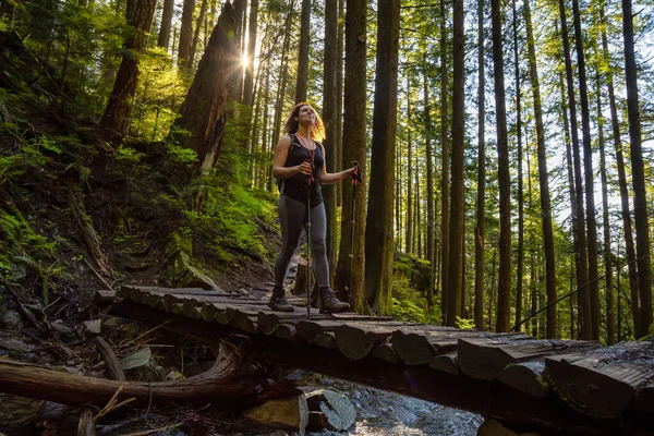 Chica aventurera caminando en un bosque lluvioso verde y vibrante —  Fotos de Stock