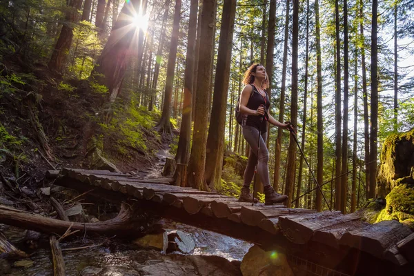 Chica aventurera caminando en un bosque lluvioso verde y vibrante —  Fotos de Stock