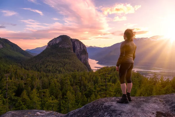 Adventurous Girl on top of a Mountain with Canadian Nature Landscape — Stock Photo, Image