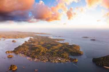 Tofino, Vancouver Adası, British Columbia, Kanada 'da güneşli bir gün batımı..