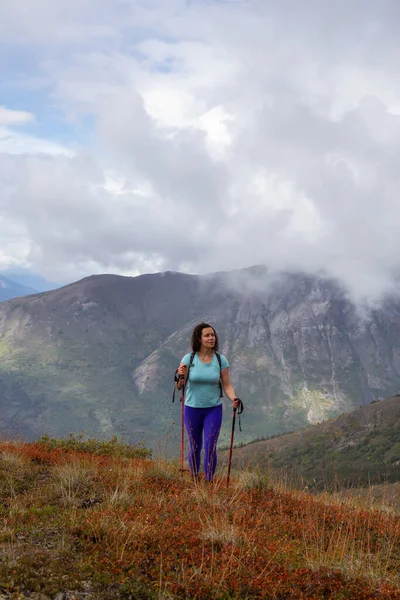 Kalandos lány túrázik fel a Nares-hegyre — Stock Fotó