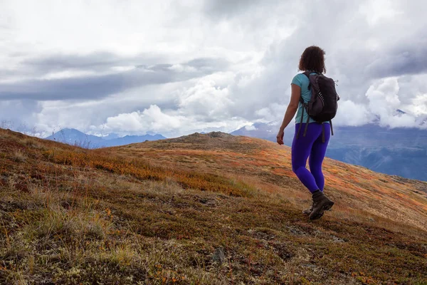 Adventuroso menina caminhando até a montanha Nares — Fotografia de Stock