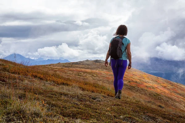 Aventuroso menina caminhadas na montanha — Fotografia de Stock