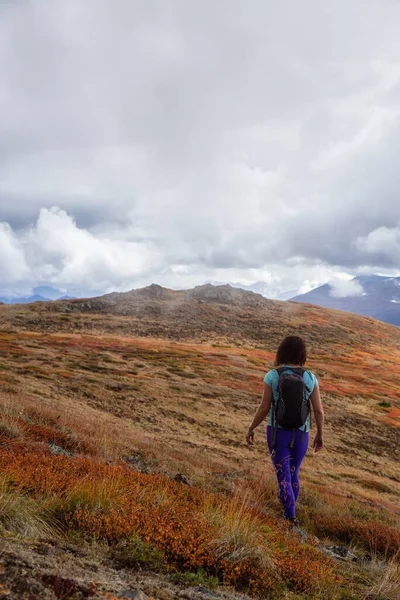 Aventuroso menina caminhadas na montanha — Fotografia de Stock