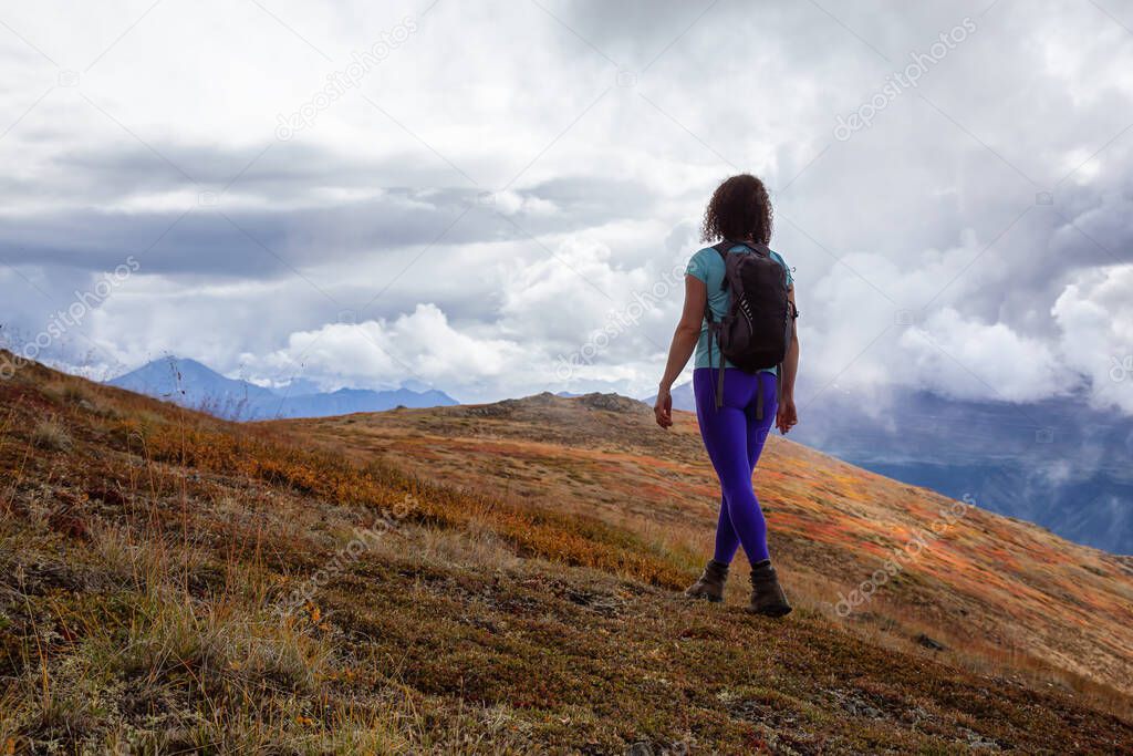 Adventurous Girl Hiking on the Mountain
