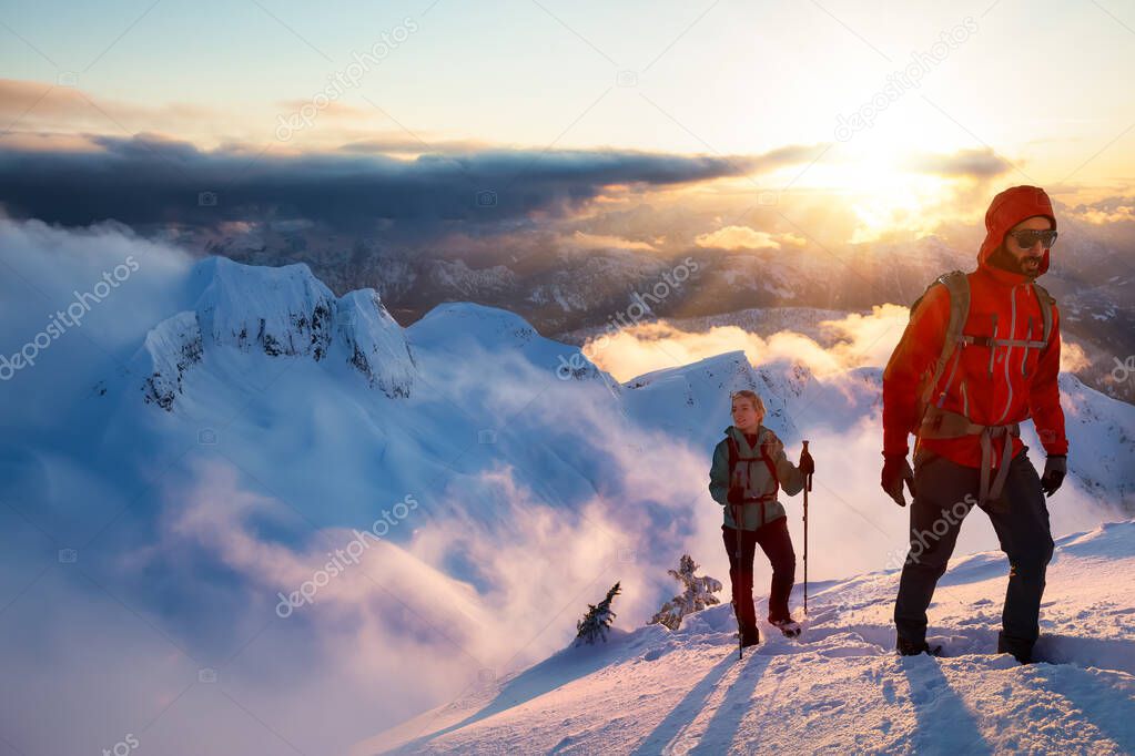 Fantasy Adventure Composite Image of Man and Woman Mountaineering