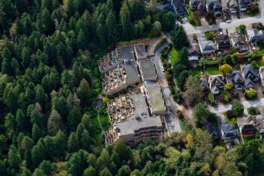 Yeşil bir mahalledeki konutların hava görüntüsü