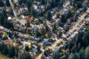 Yeşil bir mahalledeki konutların hava görüntüsü