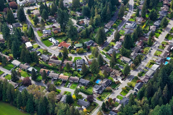 Vista aérea de casas residenciais em um bairro verde — Fotografia de Stock