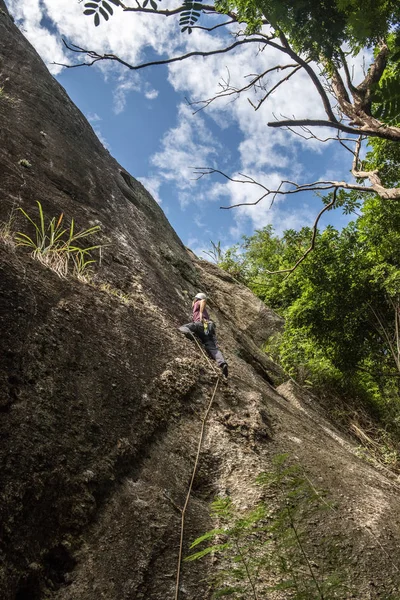 Hombre Escalando Pared Rocosa Del Bosque Río Janeiro Brasil — Foto de Stock