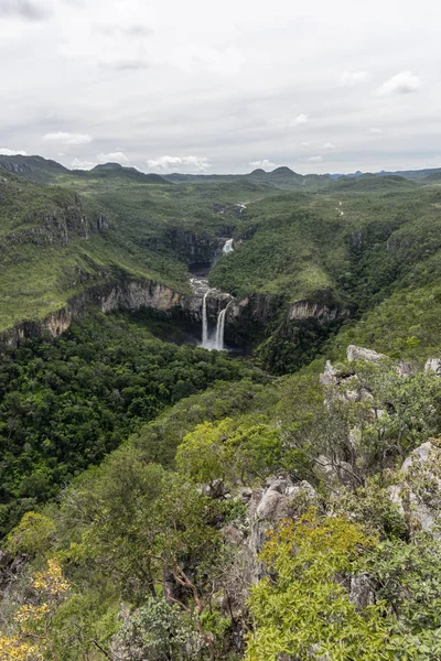 Beautiful landscape of big waterfalls in the nature seen from Mirante da Janela (Window Belvedere) in Chapada dos Veadeiros, Goias, central Brazil
