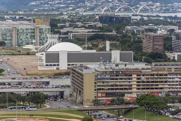 National Library, National Museum and the Metropolitan Cathedral modernistic buildings in central Brasilia, Federal District, capital city of Brazil