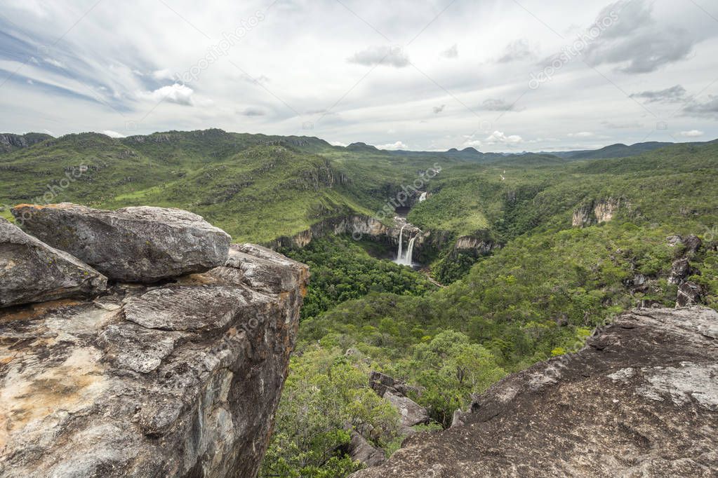 Beautiful landscape of big waterfalls in the nature seen from Mirante da Janela (Window Belvedere) in Chapada dos Veadeiros, Goias, central Brazil