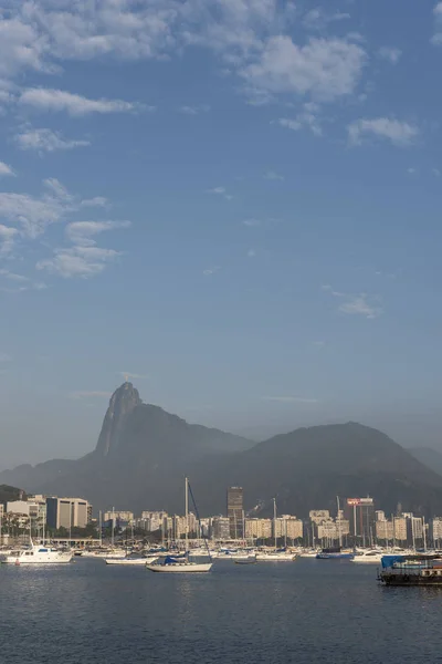 Gyönyörű Táj Urca Corcovado Hegy Krisztus Megváltó Tijuca Erdei Reggeli — Stock Fotó