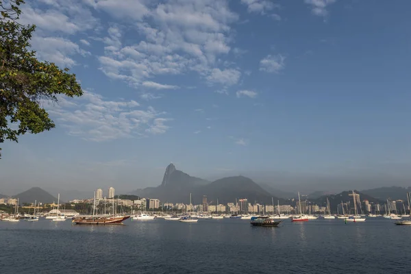 Gyönyörű Táj Urca Corcovado Hegy Krisztus Megváltó Tijuca Erdei Reggeli — Stock Fotó