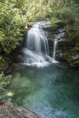 Güzel Atlantik Rainforest şelale yatay, berrak mavi su Serrinha ekolojik rezerv, Rio de Janeiro, Brezilya