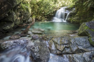 Güzel Atlantik Rainforest şelale yatay, berrak mavi su Serrinha ekolojik rezerv, Rio de Janeiro, Brezilya