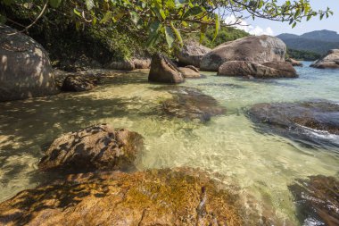 Yeşil su, yemyeşil orman, kayalar ve Ilha Grande, Costa Verde, Güney Rio de Janeiro, Brezilya için mavi gökyüzü güzel tropikal plaj manzara