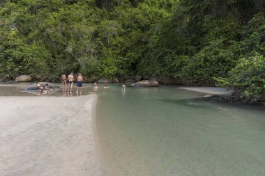 Güzel tropikal plaj manzara nehir ve yeşil yemyeşil orman Ilha Grande, Costa Verde, Güney Rio de Janeiro, Brezilya için