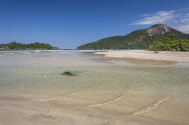 Yeşil su, küçük nehir, yemyeşil orman ve Ilha Grande, Costa Verde, Güney Rio de Janeiro, Brezilya için mavi gökyüzü ile güzel tropikal plaj manzara