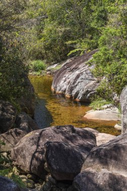 Güzel dağ nehir manzarası yeşil yağmur ormanları ve portakal suyu Tres Picos Park, kırsal Serra do Mar, Rio de Janeiro devlet, Brezilya ile