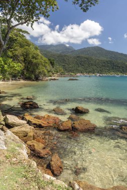 Beautiful tropical beach landscape with rocks, green water, lush forest and blue sky in Ilha Grande, Costa Verde, south Rio de Janeiro, Brazil clipart