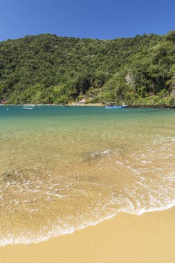 Yeşil su, yemyeşil orman ve Ilha Grande, Costa Verde, Güney Rio de Janeiro, Brezilya için mavi gökyüzü güzel tropikal plaj manzara