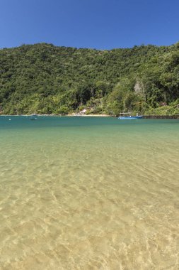 Yeşil su, yemyeşil orman ve Ilha Grande, Costa Verde, Güney Rio de Janeiro, Brezilya için mavi gökyüzü güzel tropikal plaj manzara