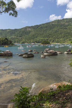 Yeşil su, yemyeşil orman, kayalar ve Ilha Grande, Costa Verde, Güney Rio de Janeiro, Brezilya için mavi gökyüzü güzel tropikal plaj manzara