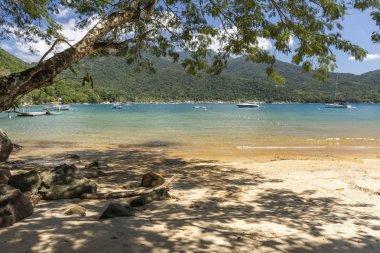 Beautiful tropical beach landscape with green water, lush forest and blue sky in Ilha Grande, Costa Verde, south Rio de Janeiro, Brazil clipart