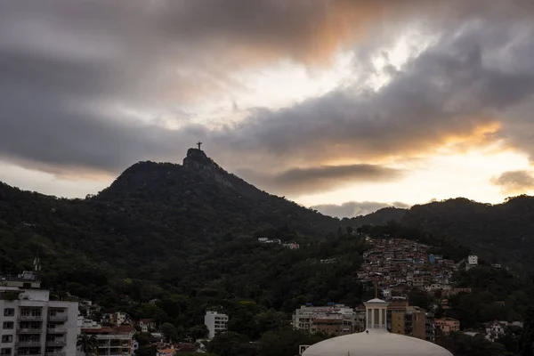 Hermosa Vista Monte Corcovado Estatua Cristo Redentor Durante Puesta Del — Foto de Stock