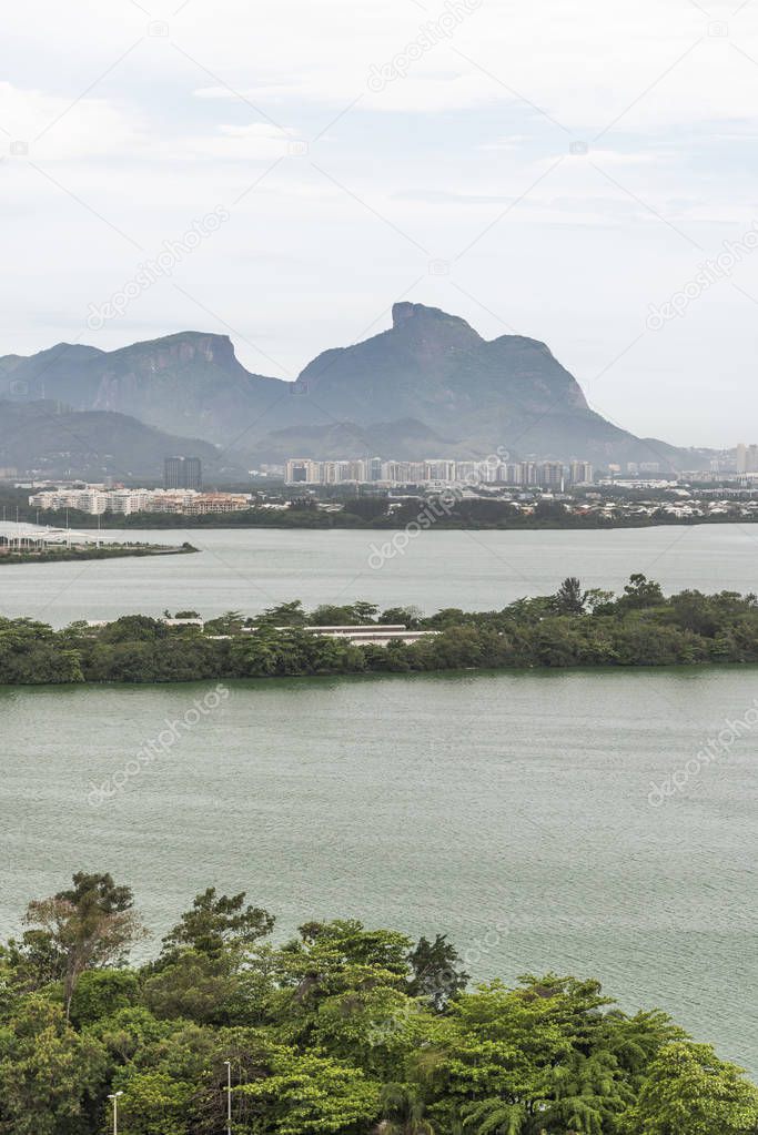 Beautiful landscape of lagoon and mountains seen from the Olympic Village (now residential buildings) in Barra da Tijuca, Rio de Janeiro, Brazil