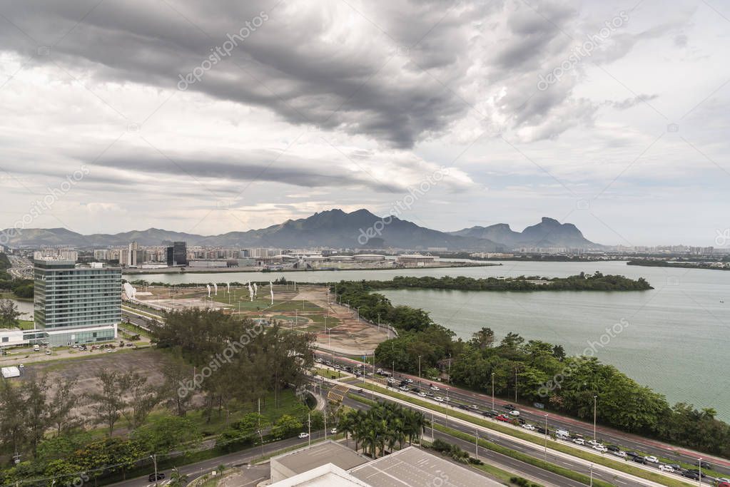 Beautiful landscape of lagoon and mountains seen from the Olympic Village (now residential buildings) in Barra da Tijuca, Rio de Janeiro, Brazil