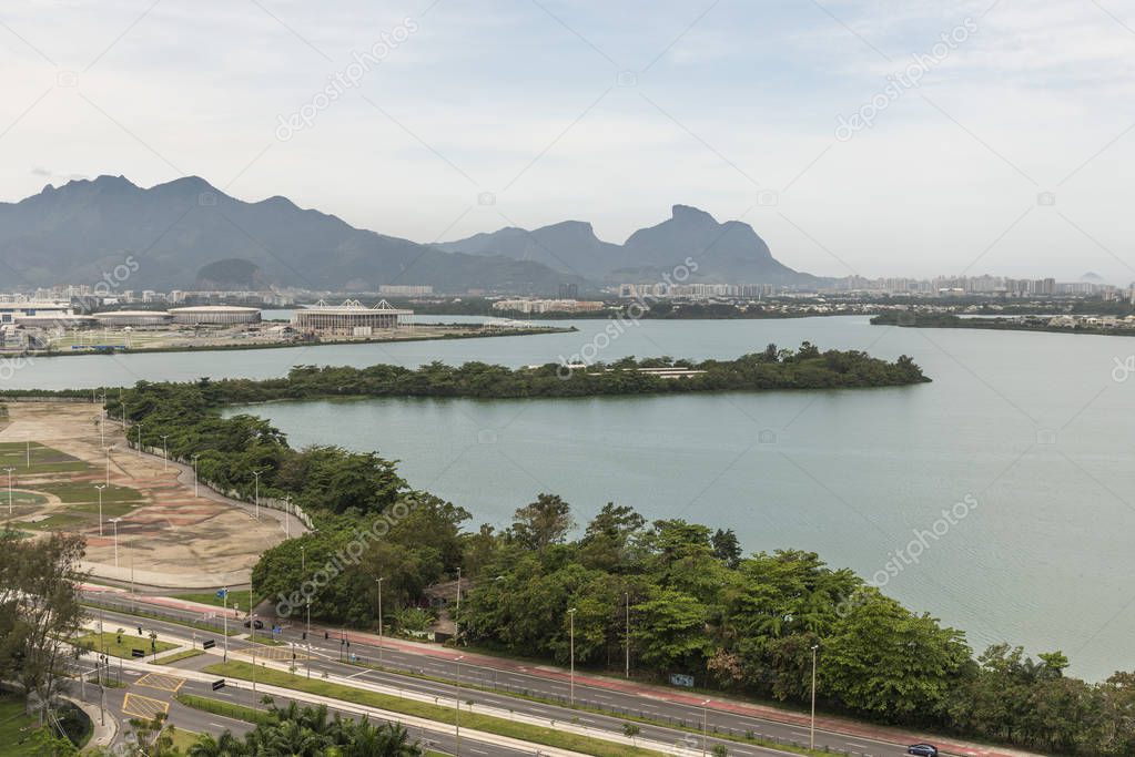 Beautiful landscape of lagoon and mountains seen from the Olympic Village (now residential buildings) in Barra da Tijuca, Rio de Janeiro, Brazil