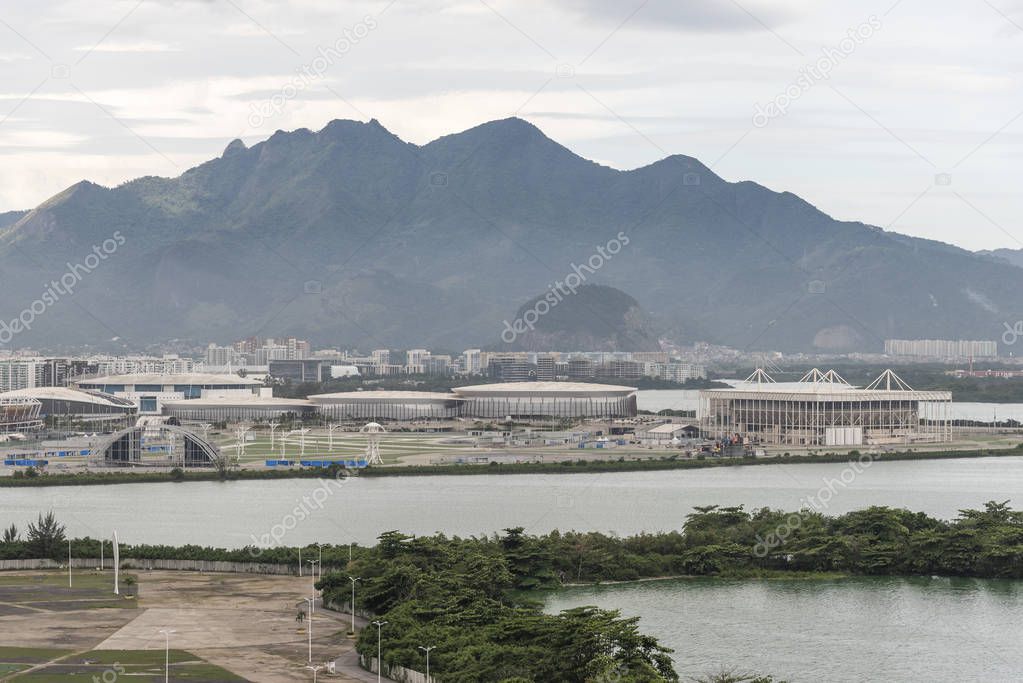 Beautiful landscape of lagoon, mountains and Olympic Stadiums seen from the Olympic Village (now residential buildings) in Barra da Tijuca, Rio de Janeiro, Brazil